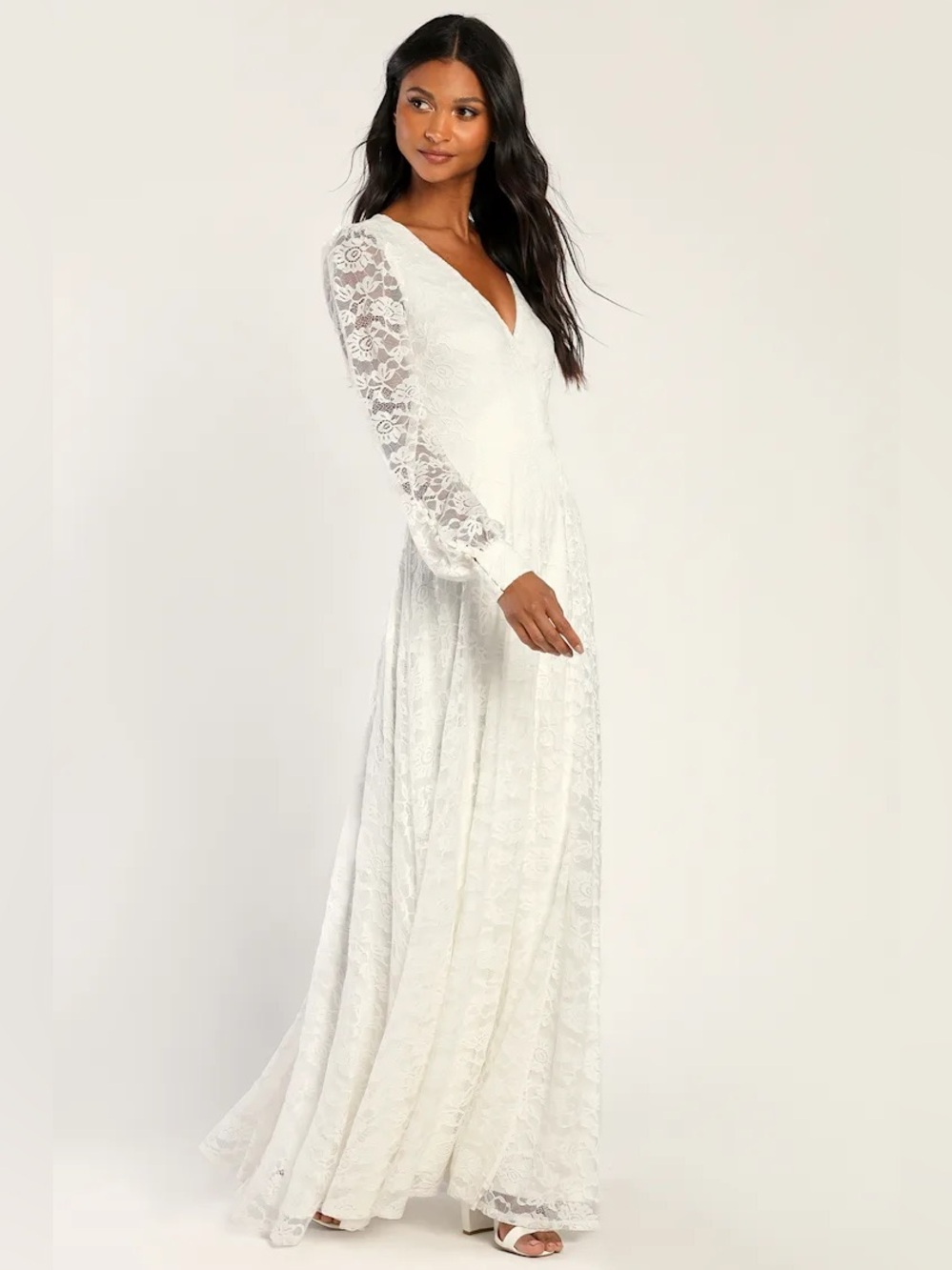 Lulu's White Lace V-Neck Long Sleeve Maxi Dress